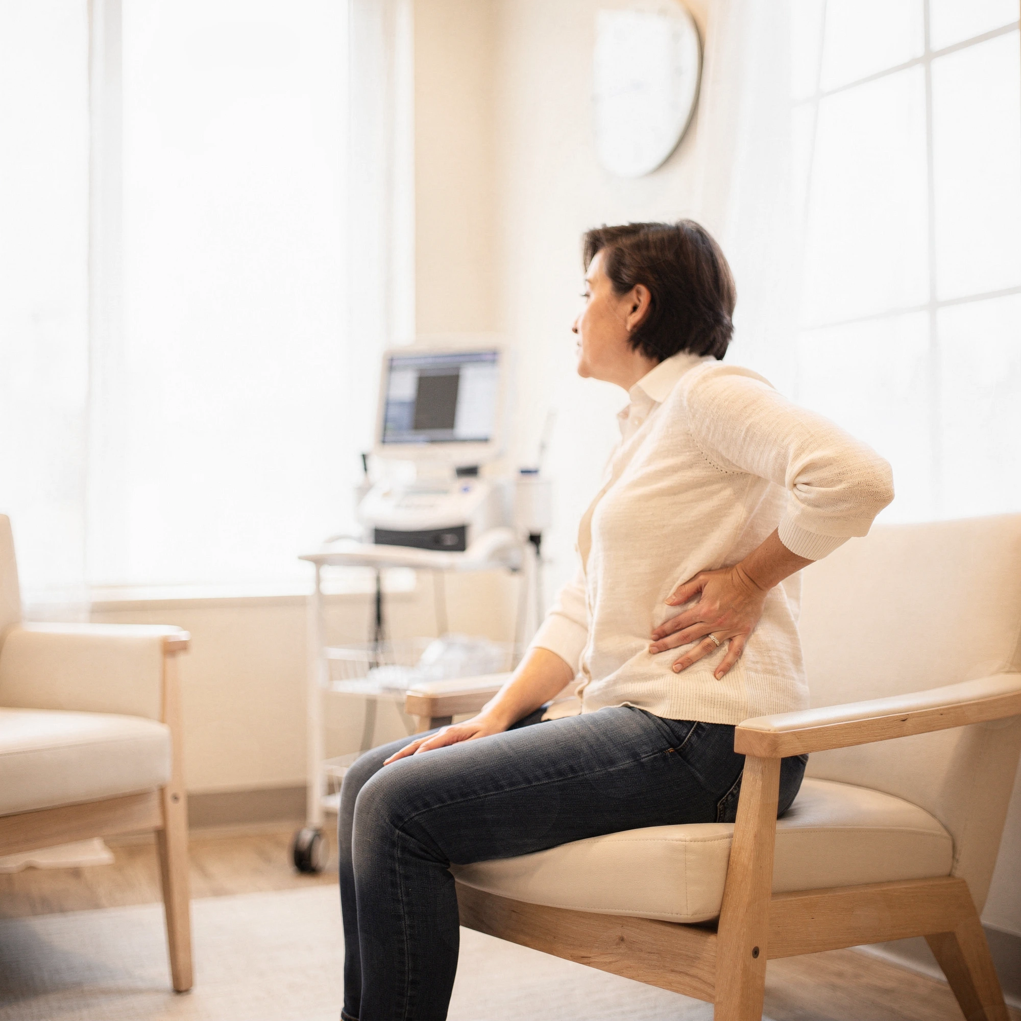 Woman holding her lower back in pain while sitting in a medical office with diagnostic equipment visible